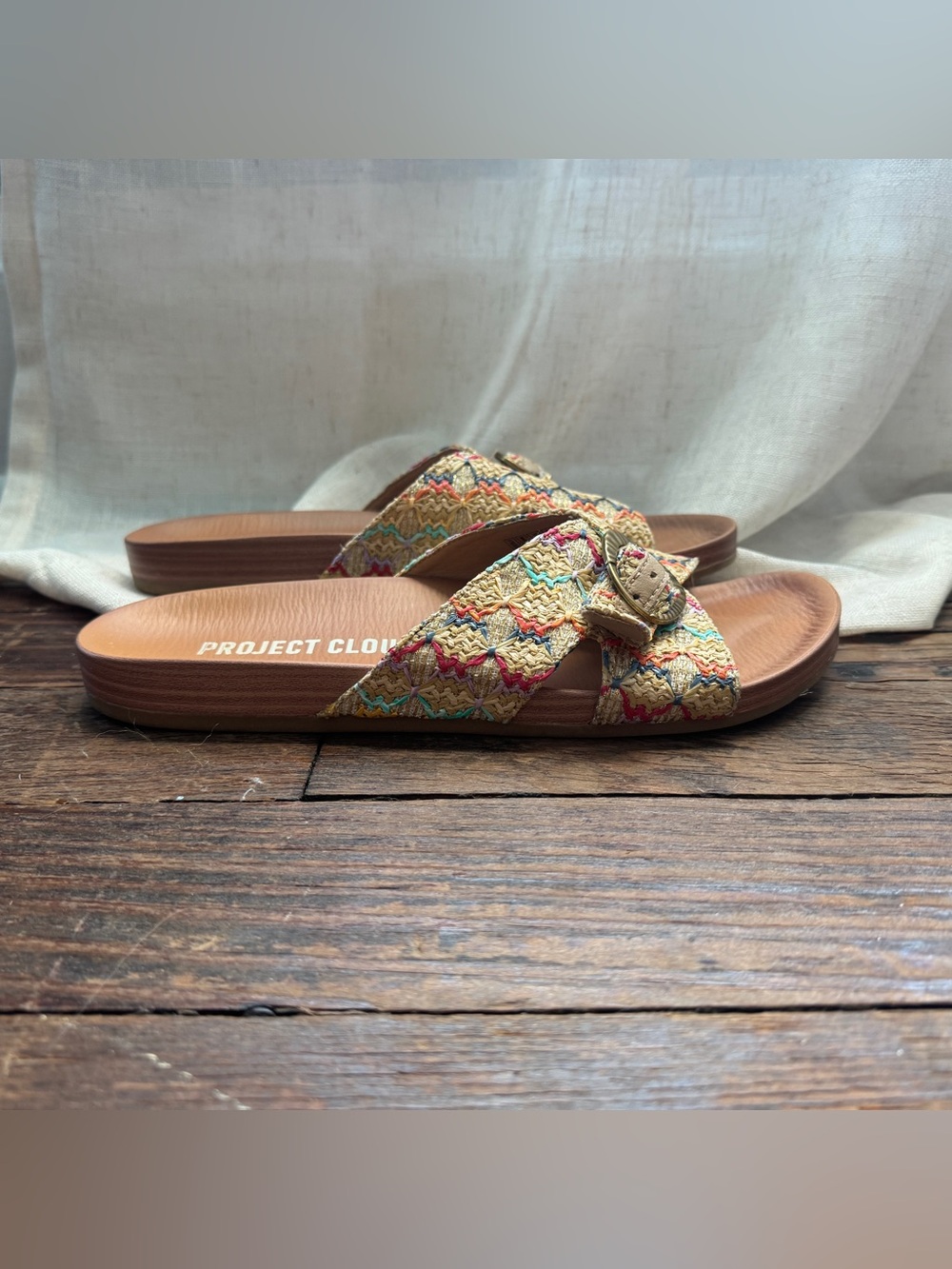 Woven Cross-Band Slide Sandal in Tan Multicolor